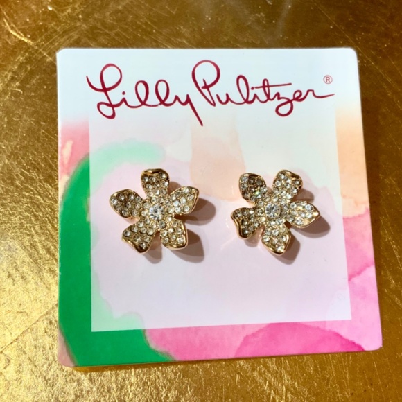 Lilly Pulitzer EARRINGS “Beach Club Blooms” GOLD FLOWER 🩷 Crystal PIERCED - Picture 3 of 6